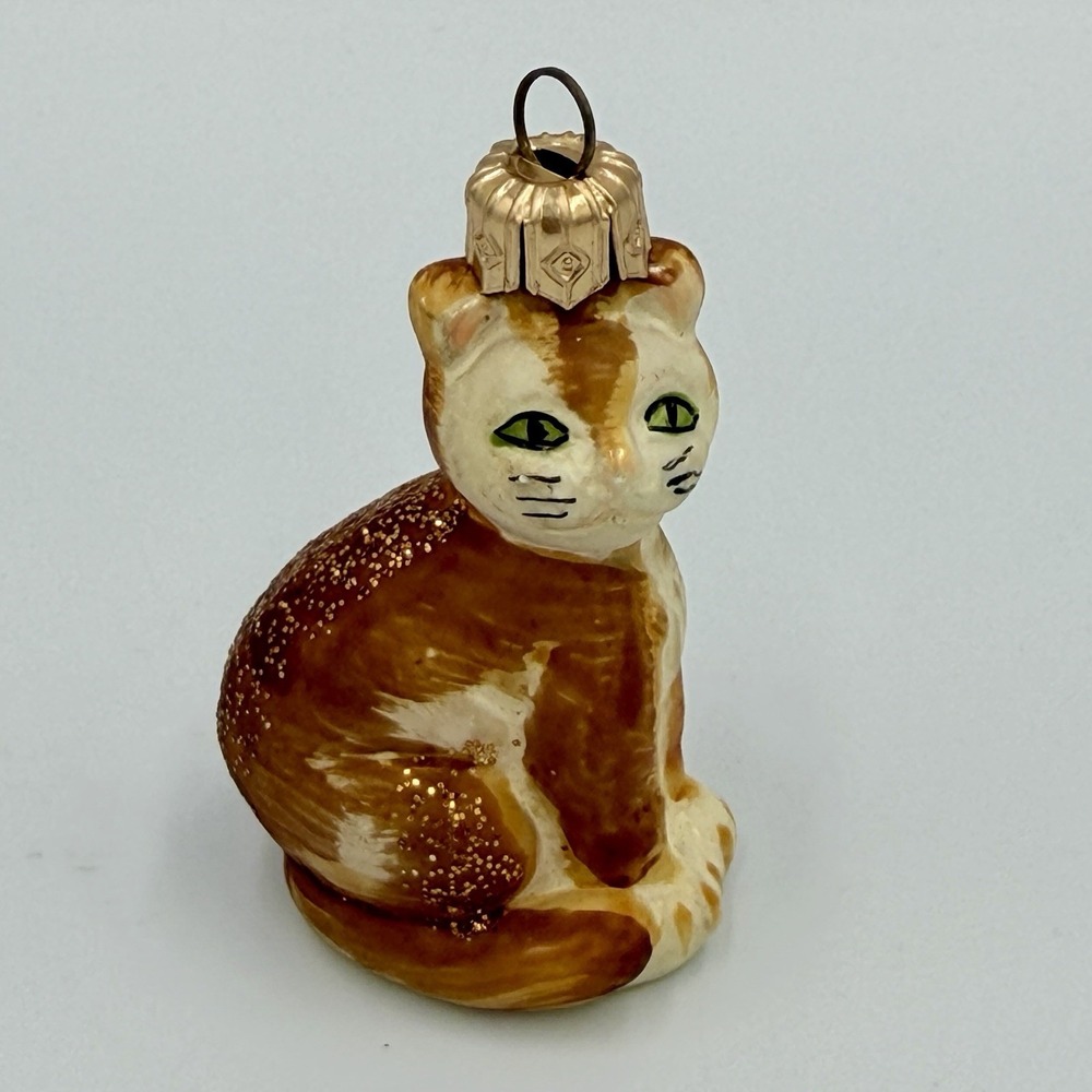 VTG Glass Cat Christmas Ornament Brown White Green Eyes Glitter Kitty 2" Holiday